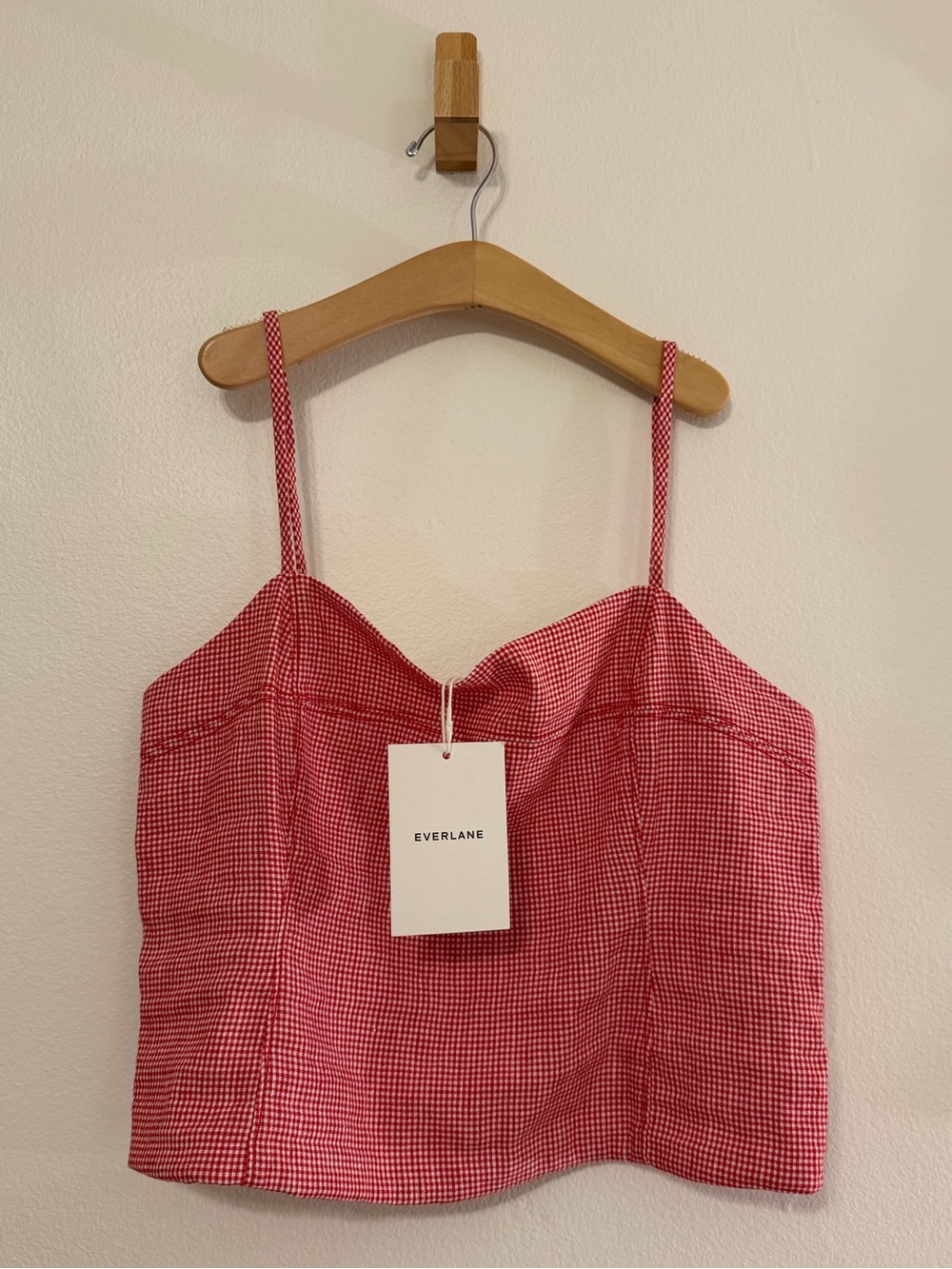 Everlane The Seamed Top in Stretch Linen Red Gingham Smocked Back NWT Size M